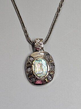 Abalone Shell Slide Pendant Necklace Iridescent Silvertone 24" Vintage